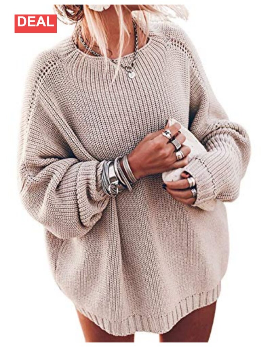 Oversized Merino Wool Blend Chunky Knit Sweater with Batwing Sleeve & Mock Neck